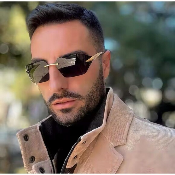 Rimless Men Sunglasses 2025 Fashion Luxury Brand Curved Lens Summer Traveling - Picture 1 of 14